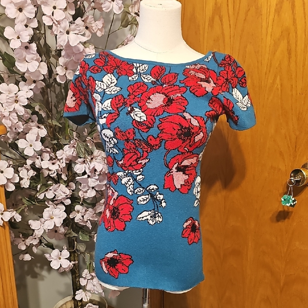 Anthropologie Blue and Red Floral Short Sleeve Top
